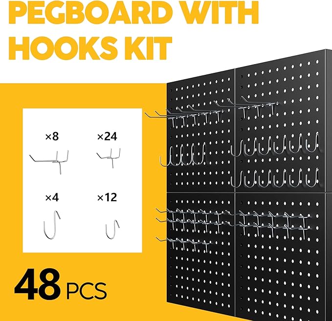 Peg Board - Metal Pegboard with 48 Hooks, Heavy Duty Wall Mount Metal Grid Panel for Garage Organization & Tool Storage, Rustproof, Easy to Install, Compatible with Standard Organizer Accessories