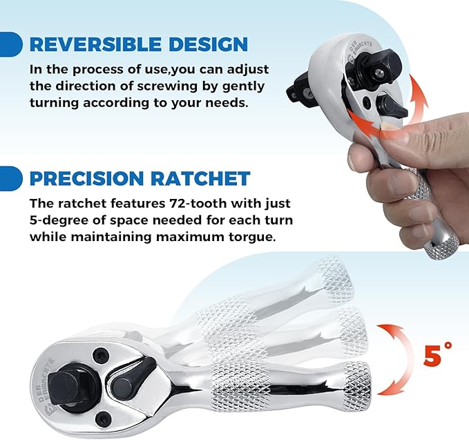 3-in-1 Stubby Ratchet Handle, 1/4 ", 3/8 ", 1/2" Drive Ratchet Wrench, 72-Tooth, Reversible Switch, Full-Polished Chrome Plating, Chromium Vanadium Steel