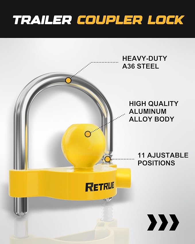 RETRUE Universal Coupler Lock Trailer Locks Ball Hitch Trailer Hitch Lock Adjustable Security Heavy-Duty Steel Fits 1-7/8 Inch, 2 Inch, 2-5/16 Inch Couplers, Bright Yellow, Light Weight