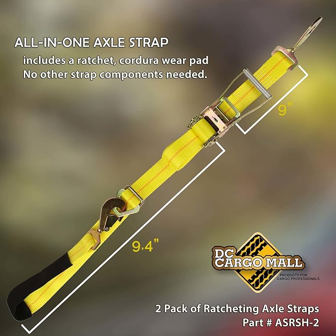 DC Cargo Mall 2 Pack Ratchet Axle Strap Tie Downs (2" Wide x 114" Long) with Adjustable Ring and Slipfree Webbing for Secure Auto Hauling, Heavy-Duty Tow Straps for Car Trailers and Auto Carriers