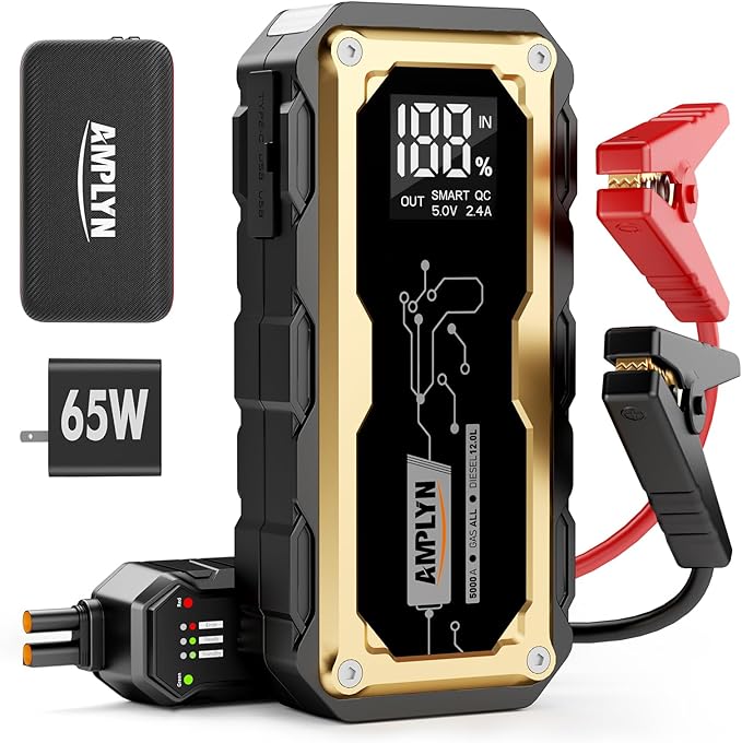 Car Jump Starter with 65W Quick Charger 24000mAh Battery Pack,12V Car Battery Jumper Starter Portable,LED Display,All Gas 12L Diesel Engine Booster,Jump Box with LED Light,Jump Cable