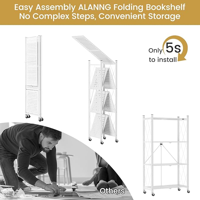 ALANNG Heavy Duty 4-Tier Folding Shelf with Wheels, No Tools Assembly Metal Storage Rack Cart, 264LBS Capacity for Kitchen, Pantry, Laundry Room, Garage, (White, 1PACK)