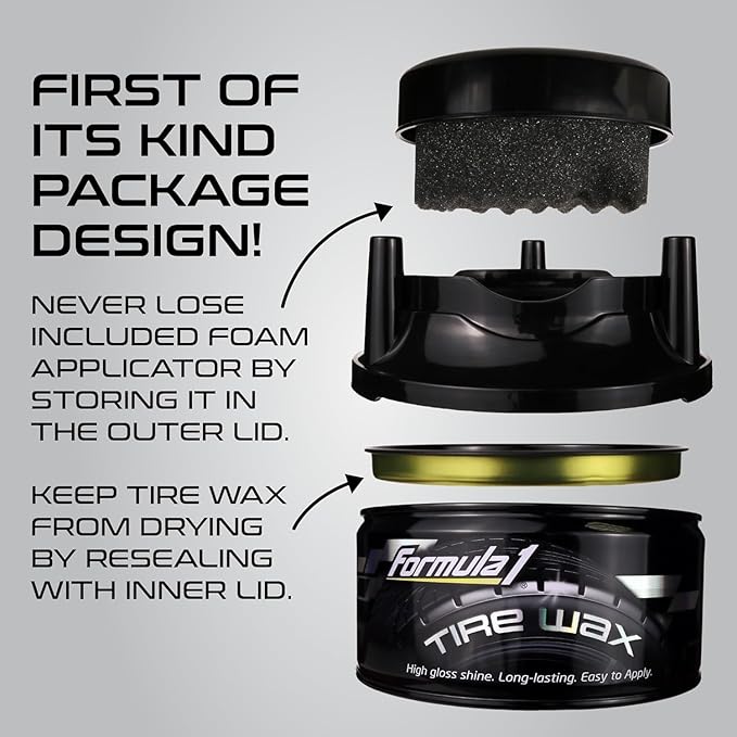 Formula 1 Tire Wax - Long Lasting Tire Gel for Black Glossy Tires, Water Resistant, Restores Plastic Trim, Foam Applicator Included, 10oz