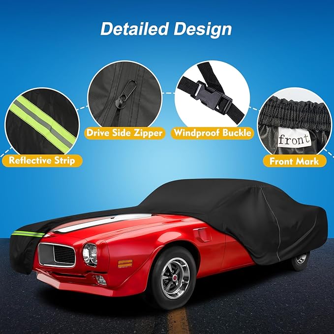 QUNSUNUS Car Cover for Pontiac Firebird and Trans Am 1967-1992, Waterproof Firebird Car Covers with Cotton Lining, All Weather Trans Am Cover with Straps and Zipper