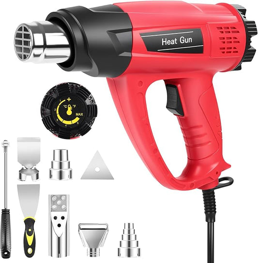 【1800W・140℉~1112℉】Heat Gun (60℃-600℃) Fast Heating Heavy Duty Hot Air Gun Kit Variable Temp Control Overheat Protection with 5 Nozzle for Crafts, Shrink Tubing, Stripping Paint, Resin, Soldering