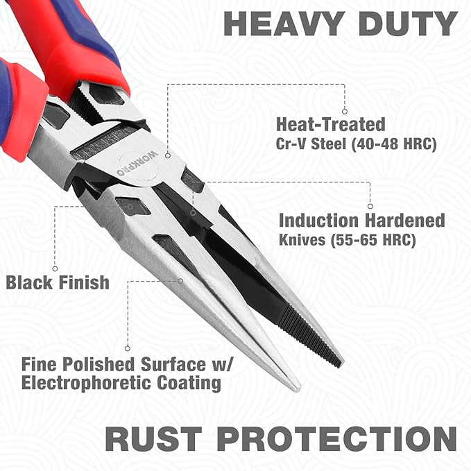 WORKPRO Premium 8” Needle Nose Pliers, Paper Clamp Precision, Heavy-Duty CRV Steel, Large Soft Grip with Wire Cutter, Long Nose Cutting Pliers, W031269