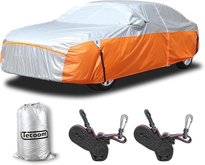 Tecoom Waterproof All Weather Sedan Car Cover, Windproof Storm Full Exterior Cover with 3 Gust Straps, Mirror & Door Zipper, UV Sun Snow Protection, Fit for Sedan (170"–190")