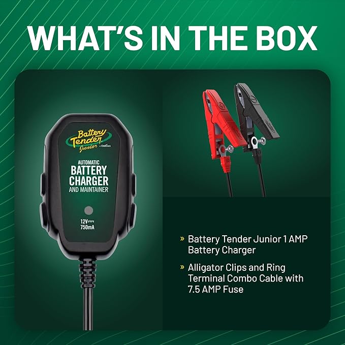 Battery Tender Junior 12V, 800mA Battery Charger and Maintainer for Lead Acid and Lithium Batteries - Switchable Battery Charger for Powersports - 022-0199-DL-WH