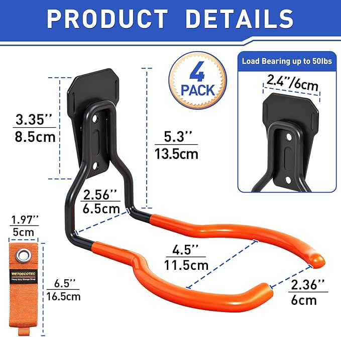 Heavy Duty Garden Power Tool Hanger, Garage Storage Utility Hooks with Storage Straps, Electric Tool Hooks, String Trimmer Hangers, Garden Tool Organizer, Weedeater Rack (4, Orange)