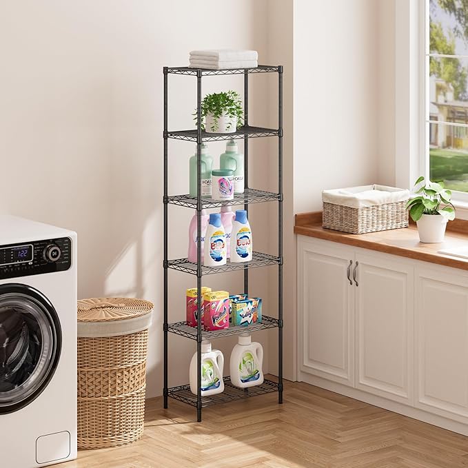 SINGAYE 6 Tier Adjustable Storage Shelf Wire Shelving Unit Metal Shelves Standing Closet Bathroom Organizers Pantry Kitchen Garage Laundry Room Organization Home Rack 12" D X 22" W X 69.5" H Black