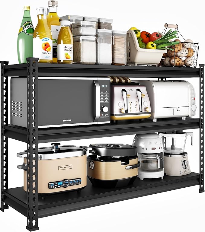 48" W Garage Shelving Heavy Duty, 1500LBS Loads Adjustable Garage Storage Shelves, 3-Tier Metal Shelving Units and Storage Racks, Industrial Utility Shelf,48" Wx18 Dx39 H, Black