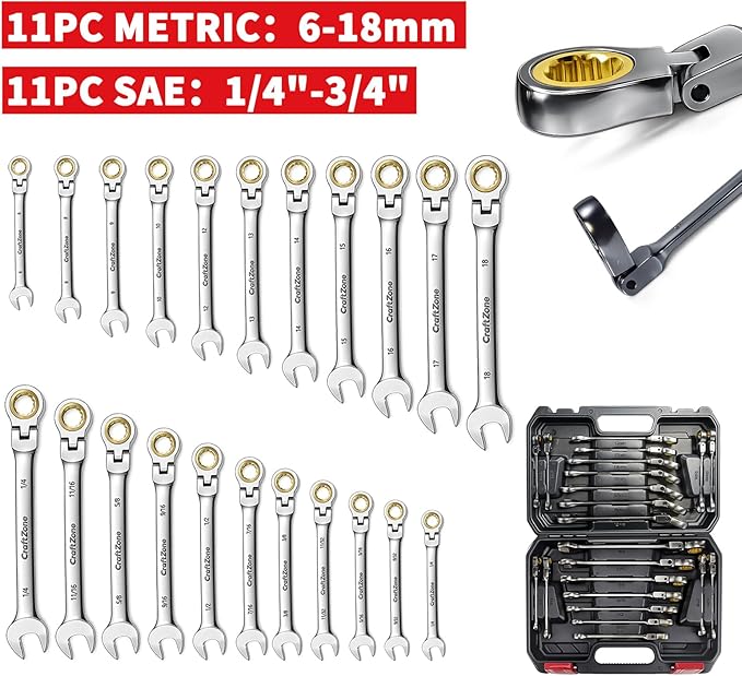 Ratcheting Combination Wrench Set, SAE & Metric With Color Ring, 14pc/7pc/10pc/5pc, 3/8" To 3/4"; 8mm To 18mm, With Organizer Rack, 12-Point, 72 Teeth (22PC SAE & METRIC)