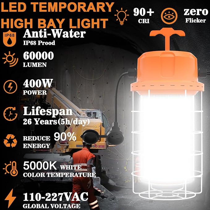 NS LED Temporary Work Light 400W 60000 LM, 5000K Daylight with 16-ft Cord & Hook, Waterproof, Orange - 26-Year Lifespan, 5-Yr Warranty, Chainable up to 20 (1-Pack) Construction JobSite Warehouse