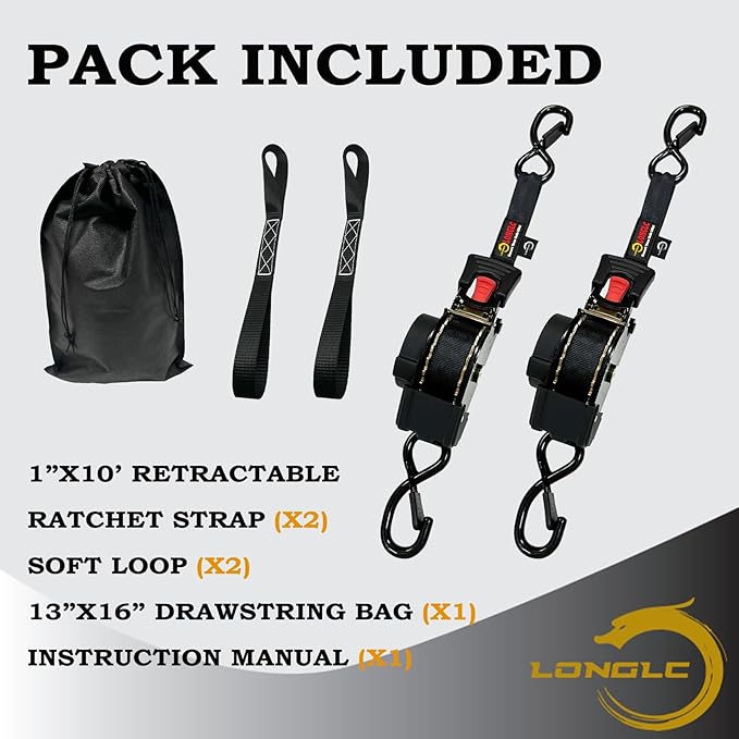 4-Pack Retractable Ratchet Straps Black Heavy Duty - 1 Inch X 10Feet with Soft Loops, 2,000lbs Breaking Strength - Best for Trucks, Cargo Trailer, Motorcycle, Tie Down Straps Ratchet