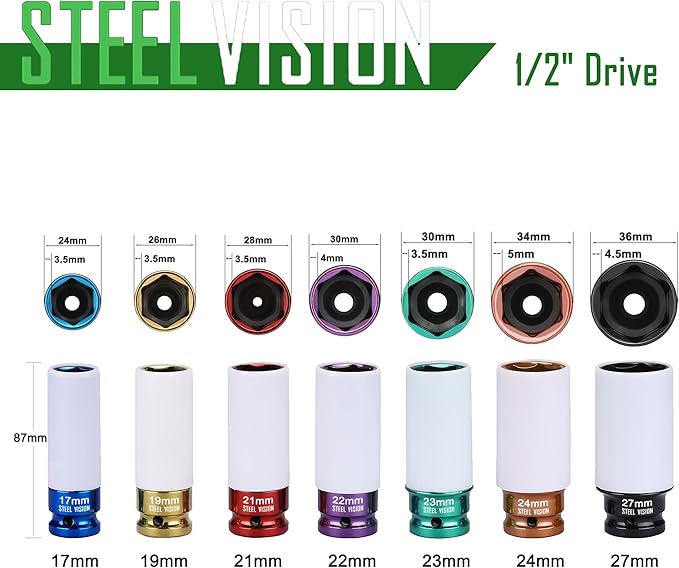 Steel Vision 1/2" Drive Lug Nut Impact Socket Set, 7 PC Metric 17, 19, 21, 22, 23, 24 & 27 mm，Cr-Mo Alloy Wheel Socket Set, Color-Coded Deep Lug Nut Impact Socket Set