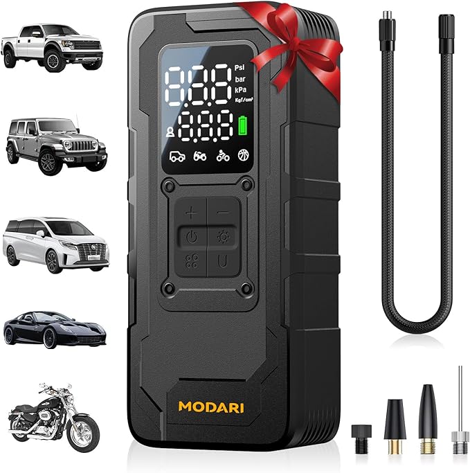 MODARI Tire Inflator Portable Air Compressor - 4X Faster 160 PSI Portable Air Pump for Cars - Cordless Tire Inflators with Gauge - Portable Tire Inflator for Car, Pickup, Bike and More
