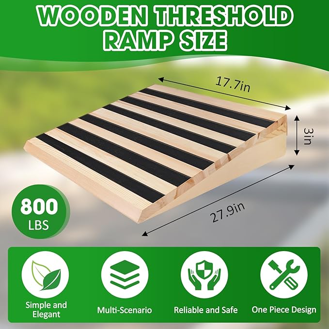 3 Inch Wooden Threshold Ramp for Home Steps(17.7" W*3.0" H, 17.7" W is not Wide Enough for wheelchairs, Please get More and Connect Multiple ramps to get a Wider one)