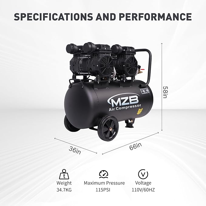 MZB 13.2 Gallon Ultra Quiet Air Compressor 115PSI Steel Tanks 70dB Noise Level Oil Free Air Compressor
