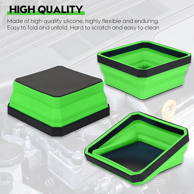 Collapsible Magnetic Parts Tray Set, 4 Pack New Version Magnetic Tool Trays for Screw Bolts Nuts Washers Pins & Small Metal Parts-4.5” Square Silicone Bowls with Double Sided Magnetic Base(Green)