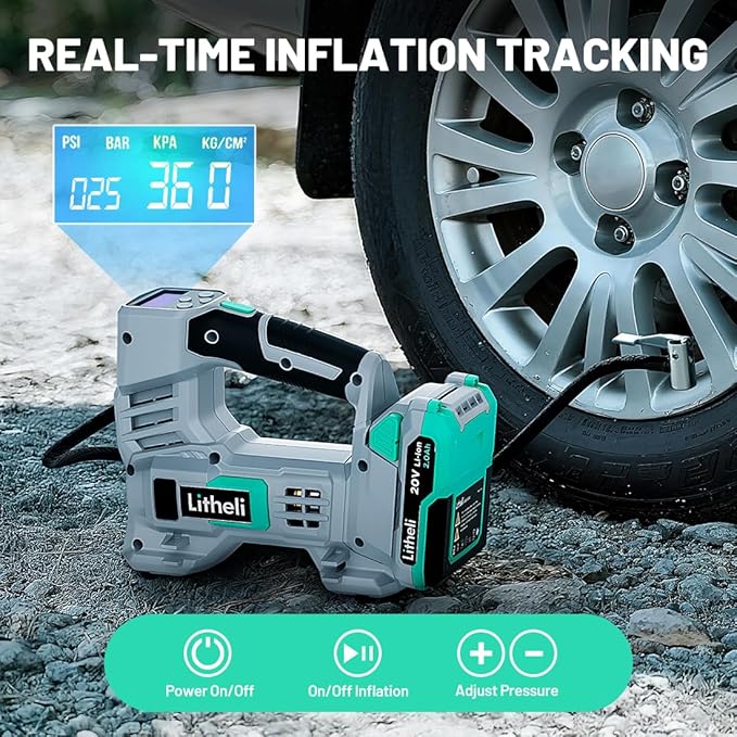 Litheli Tire Inflator Air Compressor, 20V Cordless Car Tire Pump with Digital Pressure Gauge 150PSI for Car Tire, Bike, Sport Ball, 2.0 Ah Battery & Charger