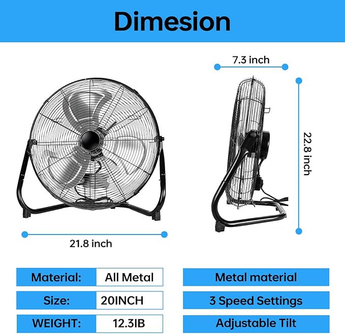 20 Inch Floor Fan,Heavy Duty Metal Industrial Fan - High Velocity Fan with 3 Speeds & Tilt, Powerful Metal Fan for Shop, Garage, Patio & Bedroom