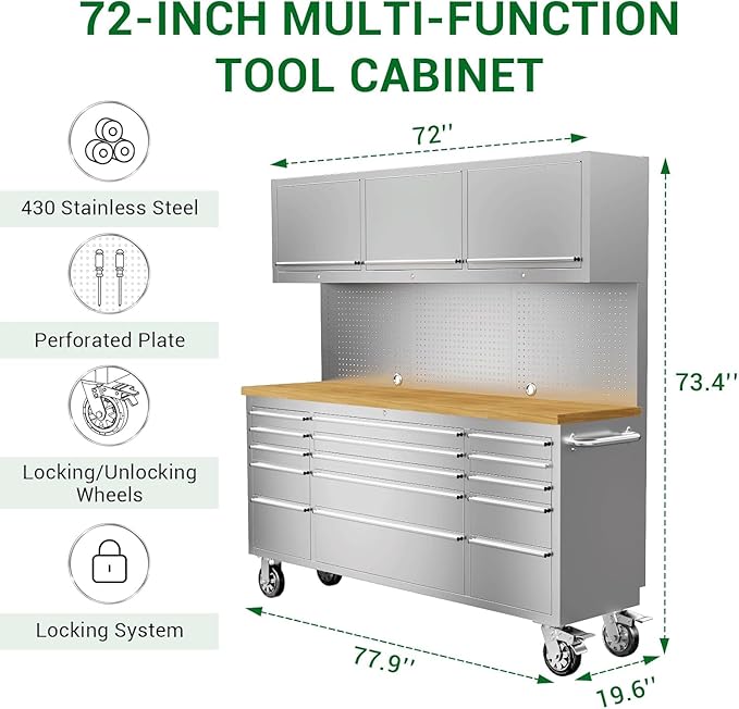 CHETTO C 72" Tool Cabinet Chest with 15 Drawers + 3 Upper Cabinets Mobile Rolling Workbench Large Tool Box Lockable Storage Cabinet with Wheels for Garage Workshop Stainless Steel 2 Pack