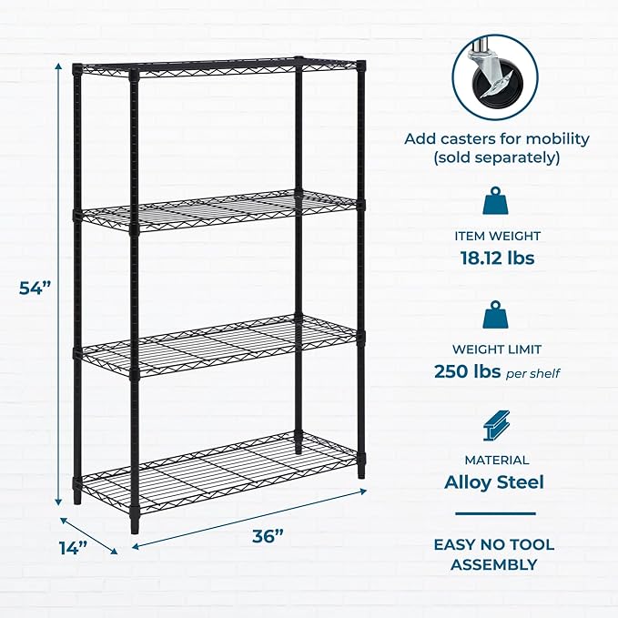 Honey-Can-Do 4-Tier Heavy-Duty Adjustable Shelves, Metal Storage Rack with 250-lb Shelf Capacity, Black, 14" W x 36" L x 54" H