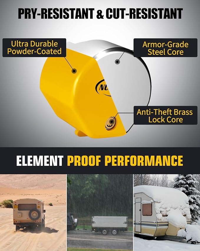 Heavy Duty Trailer Hitch Locks: Universal Fit 1-7/8", 2" and 2-5/16" Couplers, Reinforced Solid Steel Tow Lock for Trailer Tongue, Anti Theft Coupler Lock for RV, Cargo, Boat, Camper, Utility (Yellow)