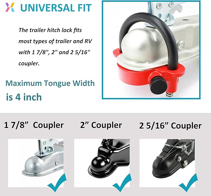 X-Haibei Trailer Locks Ball Hitch with Keys fit 1-7/8"", 2" and 2-5/16" Couplers, Universal Adjustable Trailer Coupler Lock Heavy Duty Aluminum Body, Copper Lock Cylinder for Boat Camper RV Red