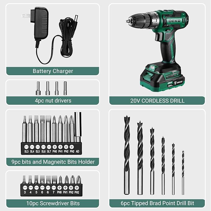 Power Drill Cordless: DEKO PRO Cordless Drill 20V Electric Power Drills Set Tool for Women with Battery and Charger 20 Volt Drills Driver Kit Green