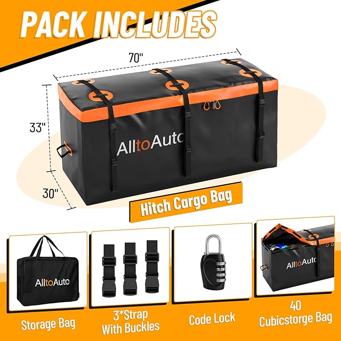 40 CuFt Waterproof Cargo Bag for Hitch Carrier | 70"x30"x33" Trailer Hitch Cargo Carrier | Weatherproof Truck Bed Storage with Straps, Lock & Carry Case | PVC Vehicle Soft-Shell Carriers