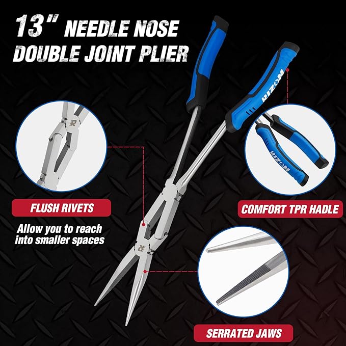 Rizom 3-Piece Long Reach Pliers Set, 13 Inch Double Jointed Long Needle Nose Pliers, 11 Inch 45° & 90° Bent Nose Pliers for Narrow Spaces and Limited Areas