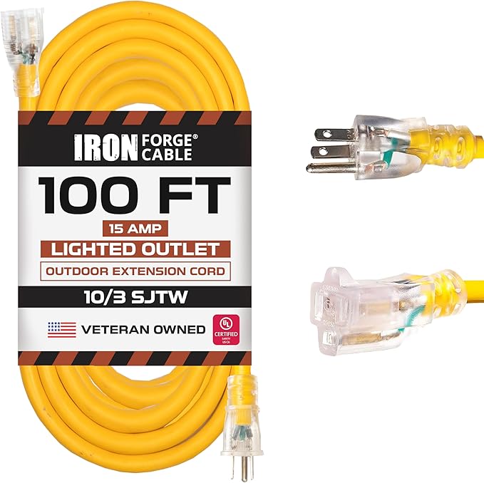 Iron Forge Cable Outdoor Extension Cord 100 Ft - 10 Gauge Heavy Duty Extension Cord, 15 AMP, 10/3 Yellow Power Cable SJTW Weatherproof with 3 Prong
