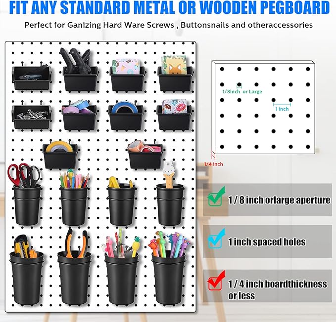 Sieral 64 Pieces Pegboard Bins Pegboard Cups with Hooks and Loops Peg Hooks Assortment Organizer Accessory for Organizing Accessories Tools Storage Office Workshop Garage Workbench (Black)