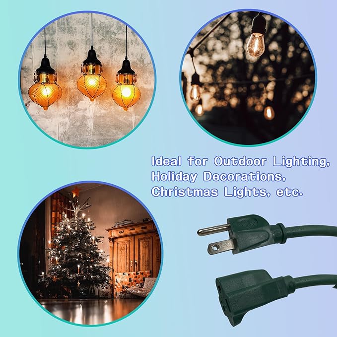 Indoor Outdoor Extension Cord 100 FT, 16/3 SJTW Weatherproof Green Electrical Cords, 10 AMP Heavy Duty 3 Prong Power Cable Great for Garden, Landscaping & Holiday Decorations