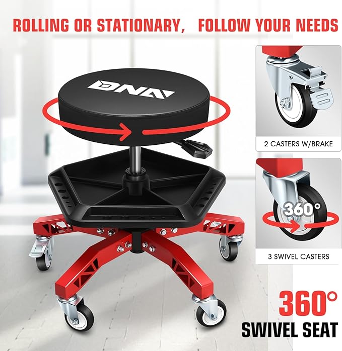 DNA Motoring Rolling Shop Stool, Adjustable Height Padded Rolling Seat, Pneumatic Roller Mechanic Stool for Garages, w/Tool Storage Tray, 300lbs Capacity, TOOLS-00636-BK-RD