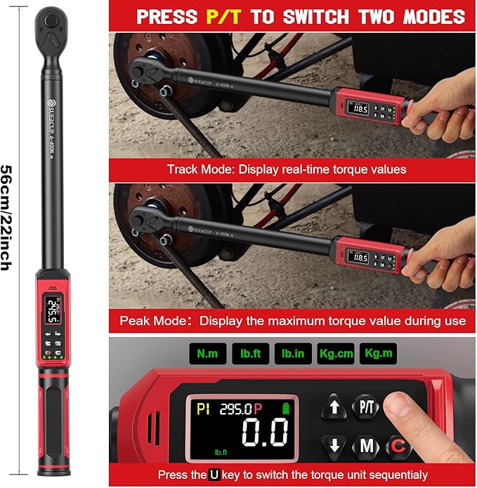 1/2-inch Drive Digital Torque Wrench (4.4-295 Ft.lb/6-400Nm), ±1% Accuracy Digital Torque Wrench with Buzzer and LED Alarm,9 Preset Mode and Four Units of Measure for Car, Moto and Bike, DIY