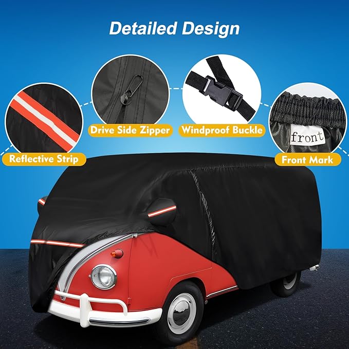 QUNSUNUS Waterproof Car Cover for VW Bus T1 T2 T3 1950-1992, Outdoor Car Covers with Zipper, All Weather Full Exterior Cover with Straps for Wind, Sun, UV and Dust Protection