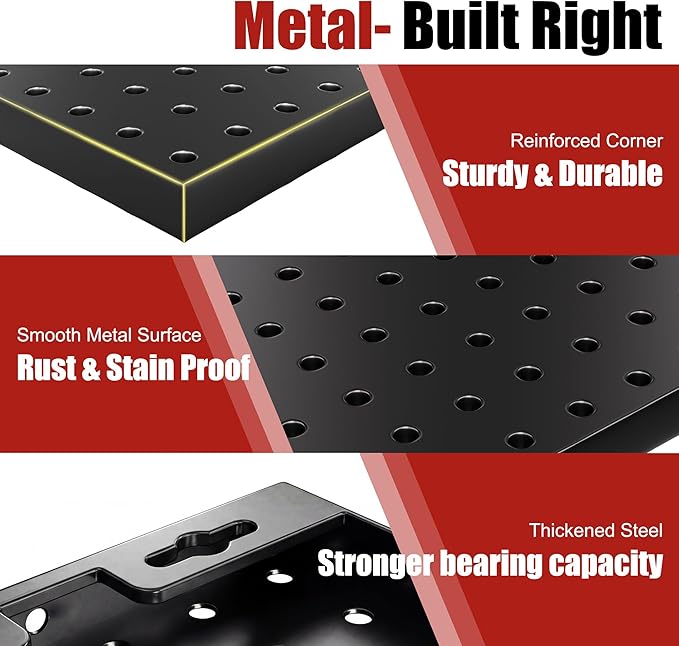 4 Pack Metal Pegboard Panels with 50 Hooks, Black Pegboard Wall Organizer, Pegboard Accessories, Heavy Duty Garage Tool Storage System for Workbench, Workshop, Office, Craft Room