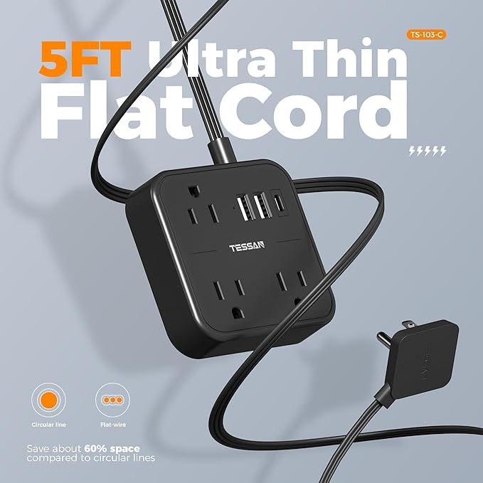 TESSAN Ultra Thin Flat Extension Cord 5 FT, Slim Power Strip with USB Ports (1 USB C), Surge Protector Flat Plug Wall Charger with 3 Outlets for Office, School, Dorm Room Essentials, Black