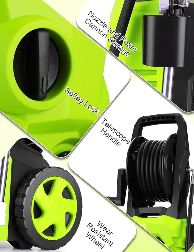 5000PSI Electric Pressure Washer - 2025 New Power Washer with Upgraded 33ft Pressure Washer Hose Reel, Foam Cannon, 4 Nozzle Set, Power Washer for House/Patios/Car/Fence, Green