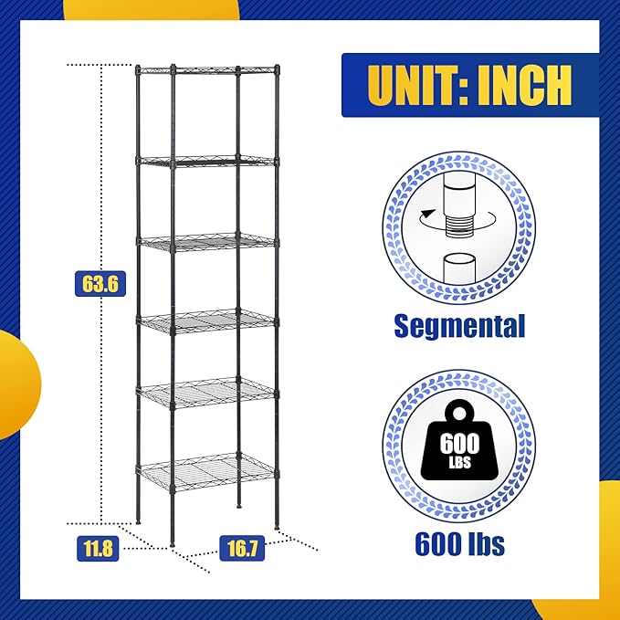 BestOffice Adjustable NSF-Certified Metal Shelf Wire Shelving Unit Storage for Small Places Restaurant Garage Pantry Kitchen Garage Rack (Black, 16.7L×11.8W×63.6H)