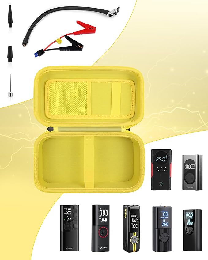 Tire Inflator Case for Airmoto/Skight/LOLSSA/Teffim/Hafuloky/Frarome/ILTIDE, Portable Carrying Air Compressor Case Compatible 120/150 / 180 PSI, Car Air Pump Storage Holder Box (black+yellow)