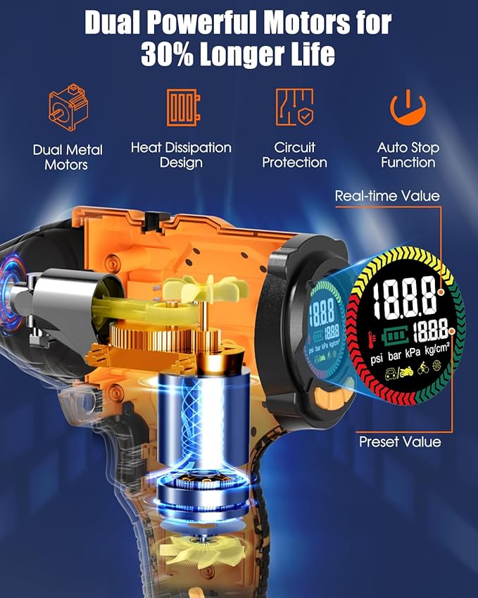 AUTDER Cordless Tire Inflator, 180PSI Portable Air Compressor with 21V Rechargeable Battery & 12V DC Car Adapter, Fast Inflation Digital Pump for Cars, Motorcycles, Bikes & Sports Balls - Black Yellow