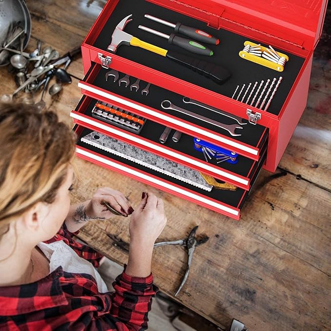 Giantex Portable Steel Tool Box, 20.5'' Toolbox w/ 3 Drawers & Top Storage Tray, Tool Storage Chest w/Double Latch System, Ball Bearing Drawer Slides, EVA Liners & Carrying Handle, Red