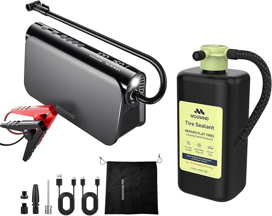 Woowind 3-in-1 Jump Starter: 16000mAh Booster, 65W Power Bank, 150PSI Air Compressor & Tire Sealant Kit for 6.0L Gas/2.5L Diesel Engines. TPMS Safe (V01 + Tire Sealant)