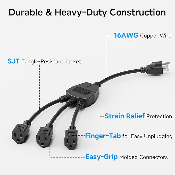 [ETL Listed] Cable Matters 2-Pack 3 Outlet Power Splitter Cord - 1.5ft, NEMA 5-15P to 3X NEMA 5-15R, 16 AWG Outlet Saver, 3 Way Extension Cord Splitter
