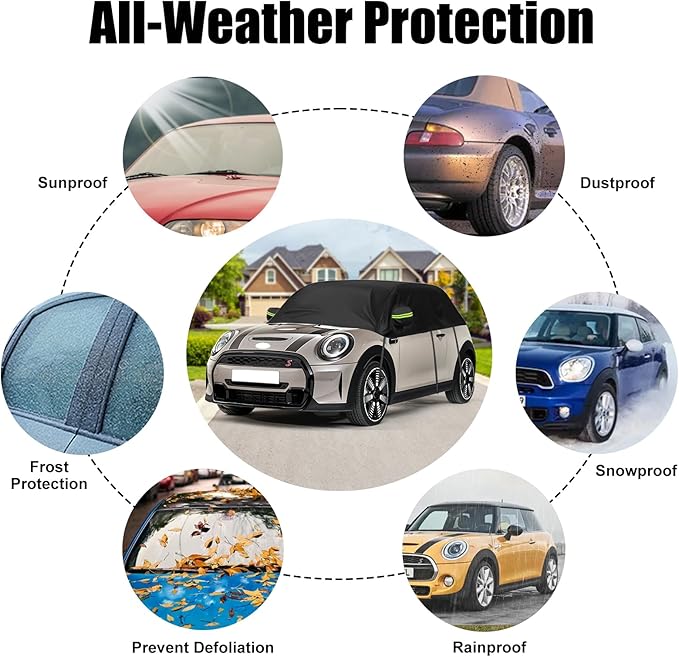 Half Car Cover Compatible with 2000-2024 Mini Cooper/S/Hardtop 2 Dr, Hail Protector Car Cover for Windproof Dustproof UV Resistant Protect Your Windshield and Roof