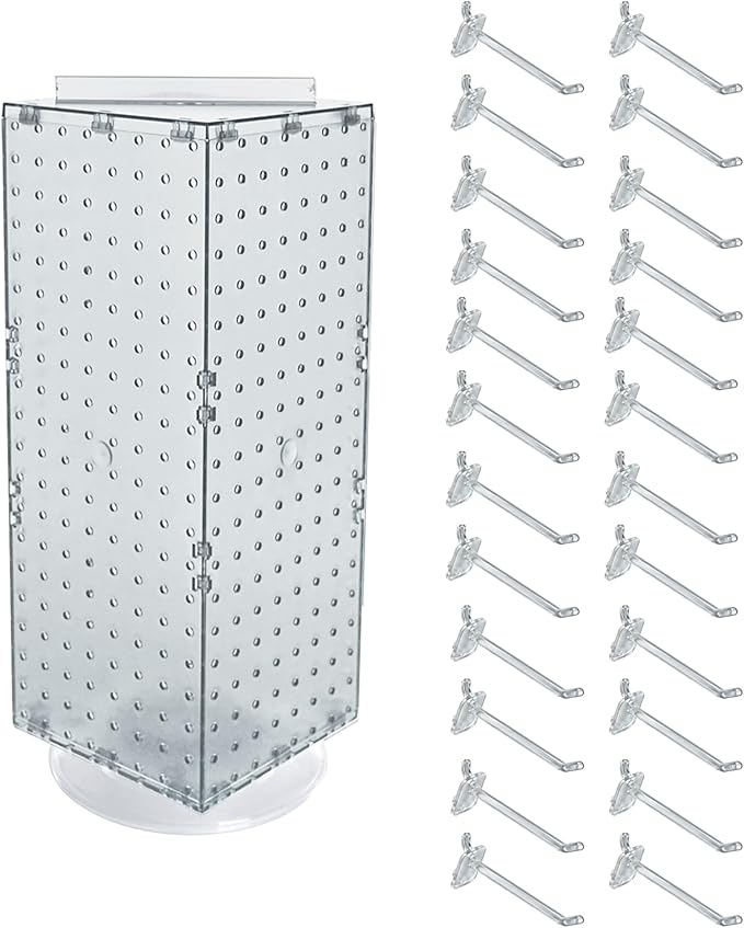 Azar Displays 703385-CLR-4C24, Four-Sided Revolving 8"W x 20"H Pegboard Counter Display w/ 24 Hooks- 4” Length, Clear