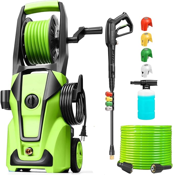 Electric Pressure Washer Adjustable 5000PSI 4.0 GPM High Power Washers with 33ft Hose Reel, 4 Nozzle and Foam Cannon, Power Washers Machine for Home, Cars, Patio (Green)